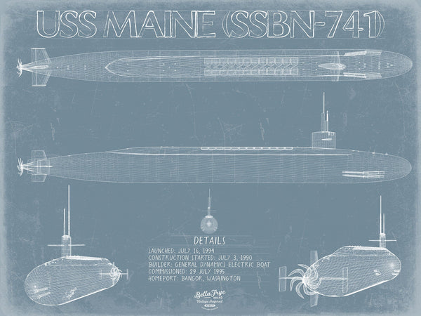 Bella Frye 14" x 11" / Unframed Paper Giclee USS Maine (SSBN-741) Blueprint Wall Art - Original Submarine Print