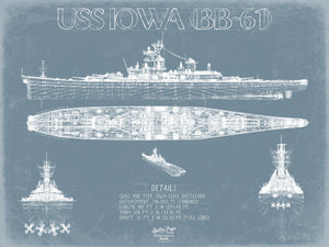 Bella Frye 14" x 11" / Unframed Paper Giclee USS Iowa (BB-61) Blueprint Wall Art - Original Battleship Print