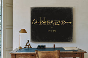 Personalized Wedding Sign, Last Name with Couple Names & Heart, Black & Gold, image 2