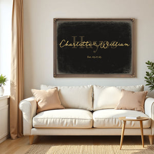 Personalized Wedding Sign, Last Name with Couple Names & Heart, Black & Gold, image 5