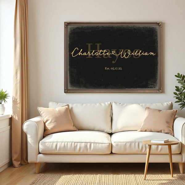 Personalized Wedding Sign, Last Name with Couple Names & Heart, Black & Gold, image 5