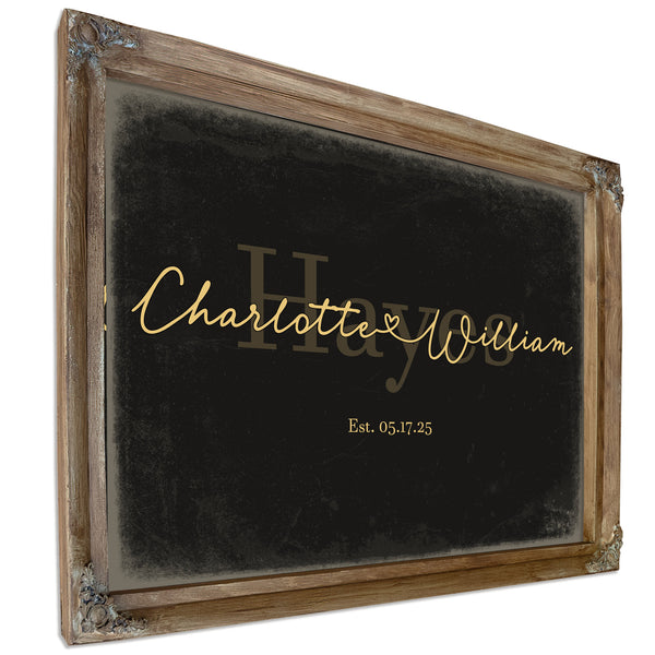 Personalized Wedding Sign, Last Name with Couple Names & Heart, Black & Gold, image 6