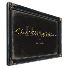 Personalized Wedding Sign, Last Name with Couple Names & Heart, Black & Gold, image 1