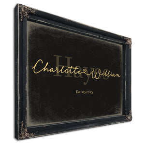 Personalized Wedding Sign, Last Name with Couple Names & Heart, Black & Gold, image 1