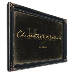 Personalized Wedding Sign, Last Name with Couple Names & Heart, Black & Gold, image 1
