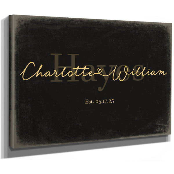 Personalized Wedding Sign, Last Name with Couple Names & Heart, Black & Gold, image 8