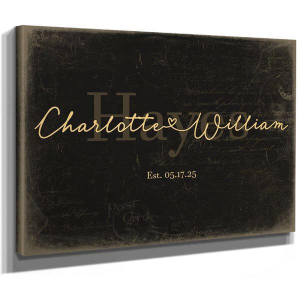 Personalized Wedding Sign, Last Name with Couple Names & Heart, Black & Gold, image 8