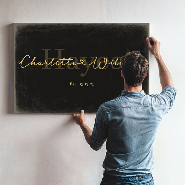 Personalized Wedding Sign, Last Name with Couple Names & Heart, Black & Gold, image 9