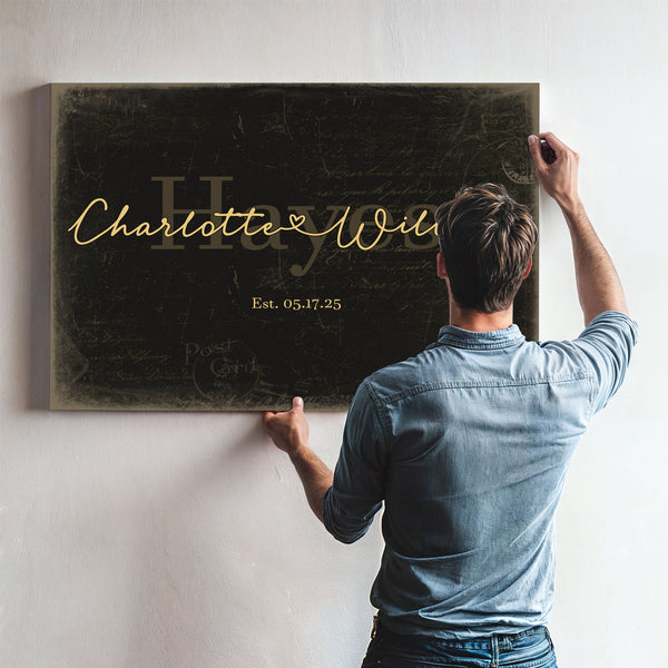 Personalized Wedding Sign, Last Name with Couple Names & Heart, Black & Gold, image 9