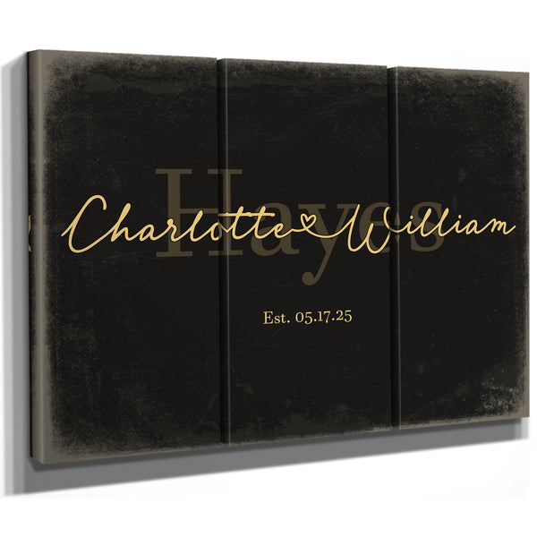 Personalized Wedding Sign, Last Name with Couple Names & Heart, Black & Gold, image 14