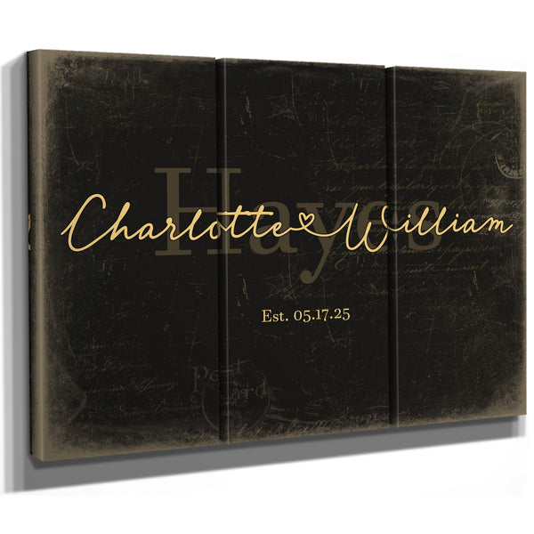 Personalized Wedding Sign, Last Name with Couple Names & Heart, Black & Gold, image 14