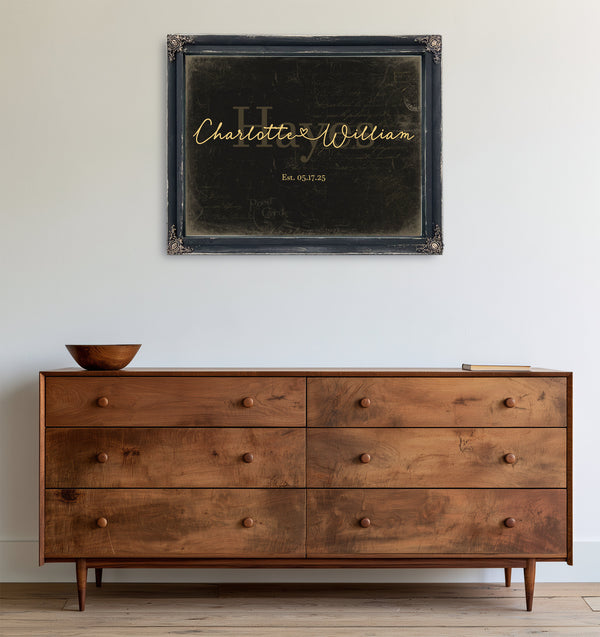 Personalized Wedding Sign, Last Name with Couple Names & Heart, Black & Gold, image 19