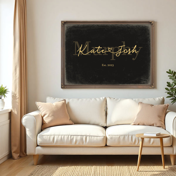 Custom Last Name Sign for Couples, Est. Wedding Date, Black & Gold, image 5