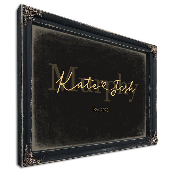 Custom Last Name Sign for Couples, Est. Wedding Date, Black & Gold, image 1