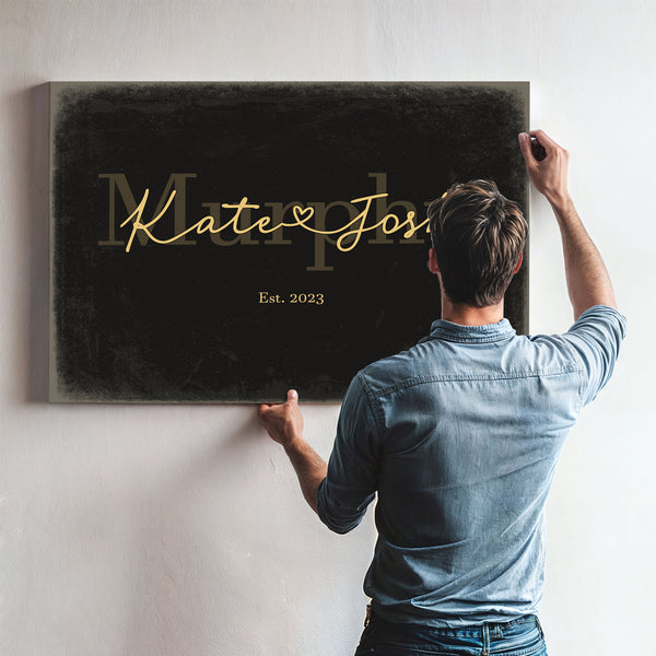 Custom Last Name Sign for Couples, Est. Wedding Date, Black & Gold, image 9