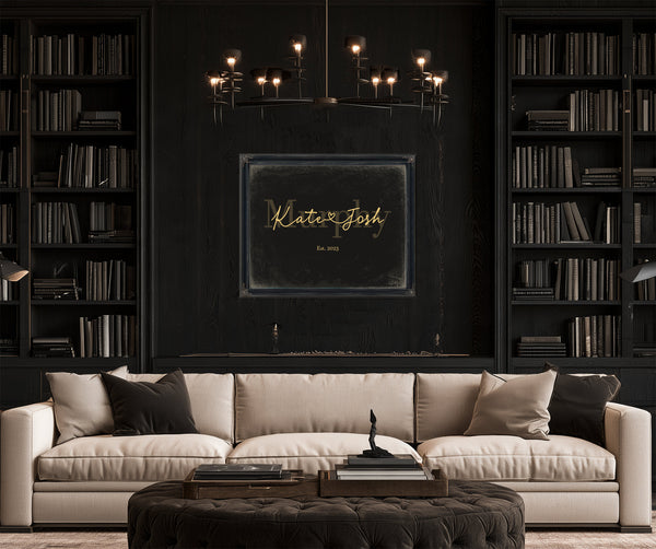 Custom Last Name Sign for Couples, Est. Wedding Date, Black & Gold, image 16