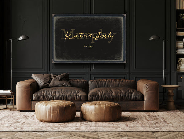 Custom Last Name Sign for Couples, Est. Wedding Date, Black & Gold, image 17