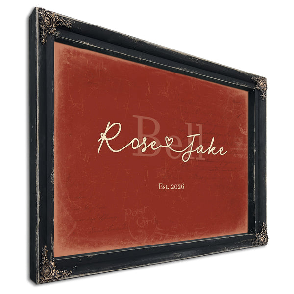 Personalized Wedding Sign, Last Name with Couple Names & Heart, Brick & Black, image 1