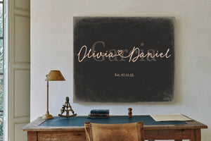 Personalized Wedding Sign, Last Name with Couple Names & Heart, Charcoal & Blush, image 2