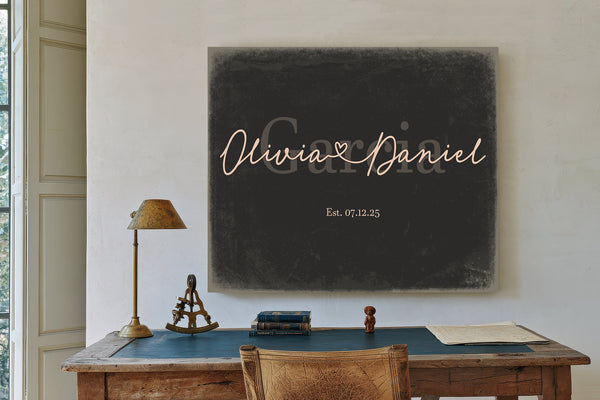 Personalized Wedding Sign, Last Name with Couple Names & Heart, Charcoal & Blush, image 2