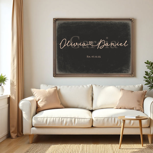 Personalized Wedding Sign, Last Name with Couple Names & Heart, Charcoal & Blush, image 5