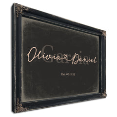 Personalized Wedding Sign, Last Name with Couple Names & Heart, Charcoal & Blush, image 1