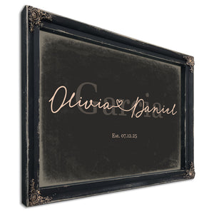 Personalized Wedding Sign, Last Name with Couple Names & Heart, Charcoal & Blush, image 1