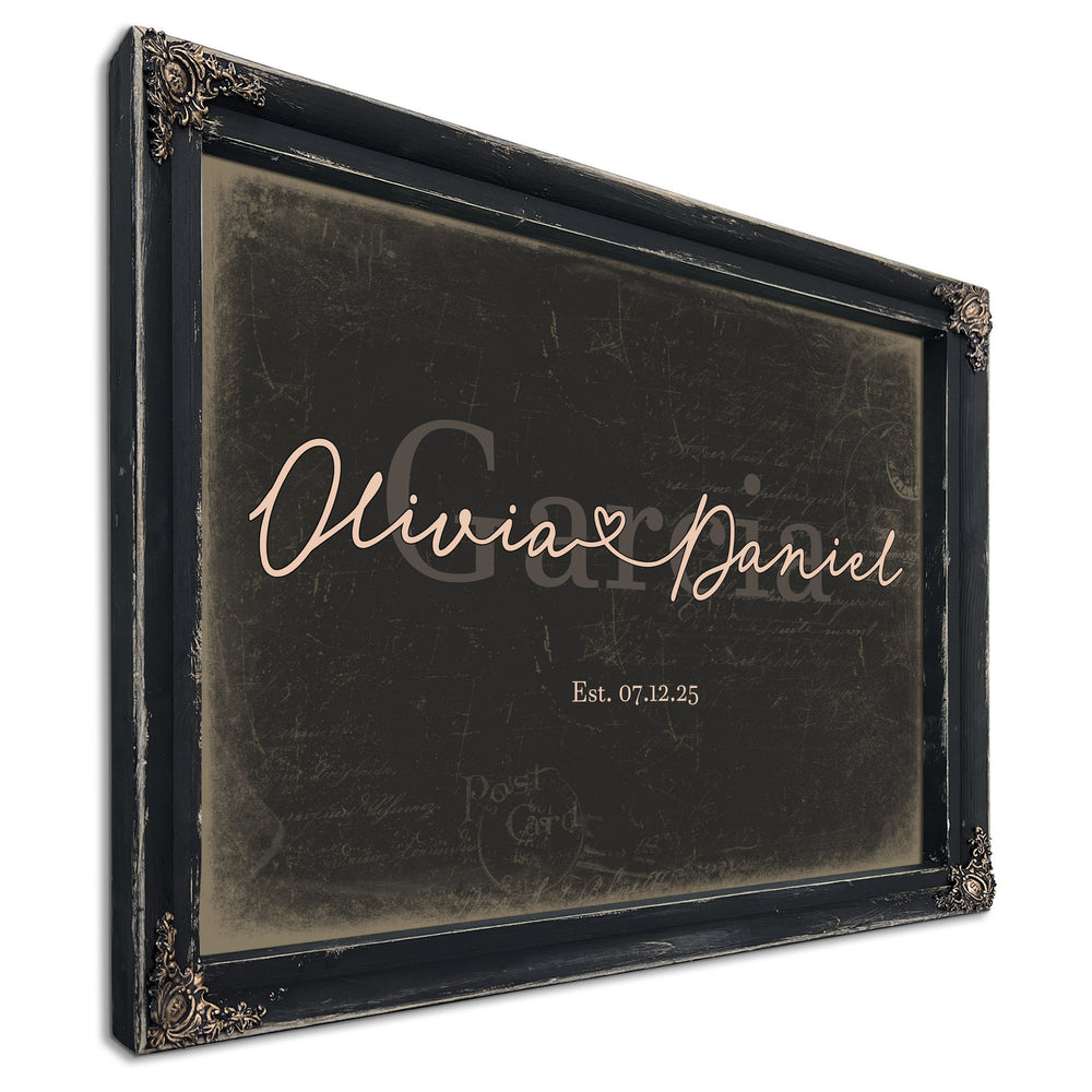 Personalized Wedding Sign, Last Name with Couple Names & Heart, Charcoal & Blush, image 1