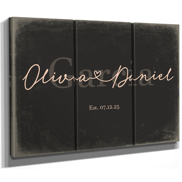 Personalized Wedding Sign, Last Name with Couple Names & Heart, Charcoal & Blush, image 14