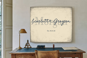 Personalized Wedding Sign, Last Name with Couple Names & Heart, Cream & Navy, image 2