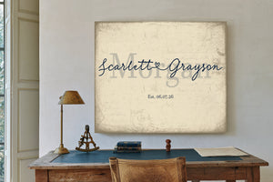 Personalized Wedding Sign, Last Name with Couple Names & Heart, Cream & Navy, image 2