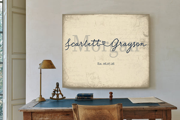Personalized Wedding Sign, Last Name with Couple Names & Heart, Cream & Navy, image 2