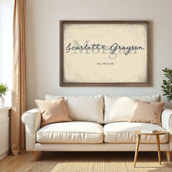 Personalized Wedding Sign, Last Name with Couple Names & Heart, Cream & Navy, image 5