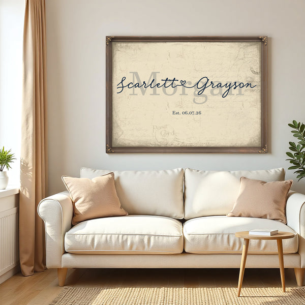 Personalized Wedding Sign, Last Name with Couple Names & Heart, Cream & Navy, image 5