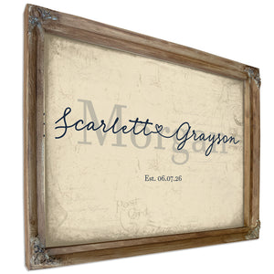 Personalized Wedding Sign, Last Name with Couple Names & Heart, Cream & Navy, image 6