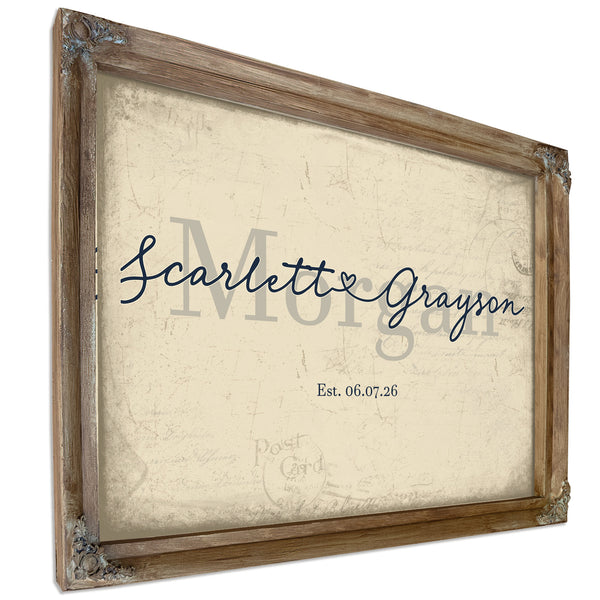 Personalized Wedding Sign, Last Name with Couple Names & Heart, Cream & Navy, image 6