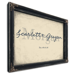 Personalized Wedding Sign, Last Name with Couple Names & Heart, Cream & Navy, image 1