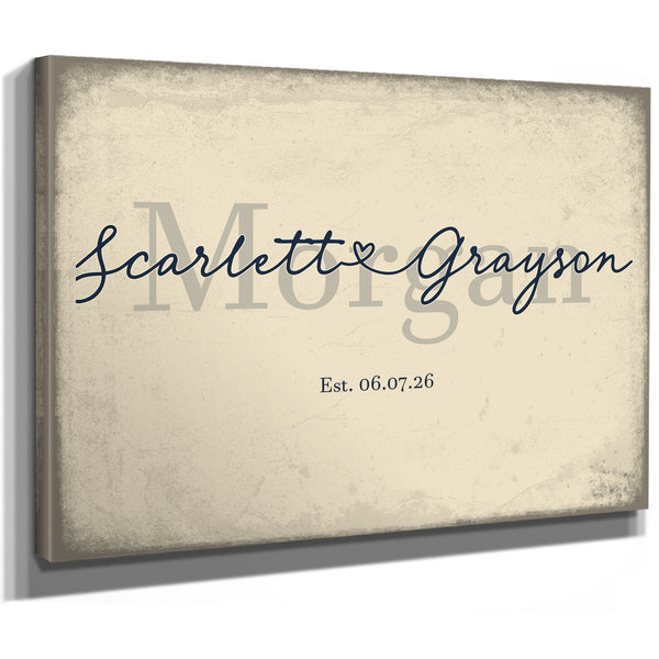 Personalized Wedding Sign, Last Name with Couple Names & Heart, Cream & Navy, image 8