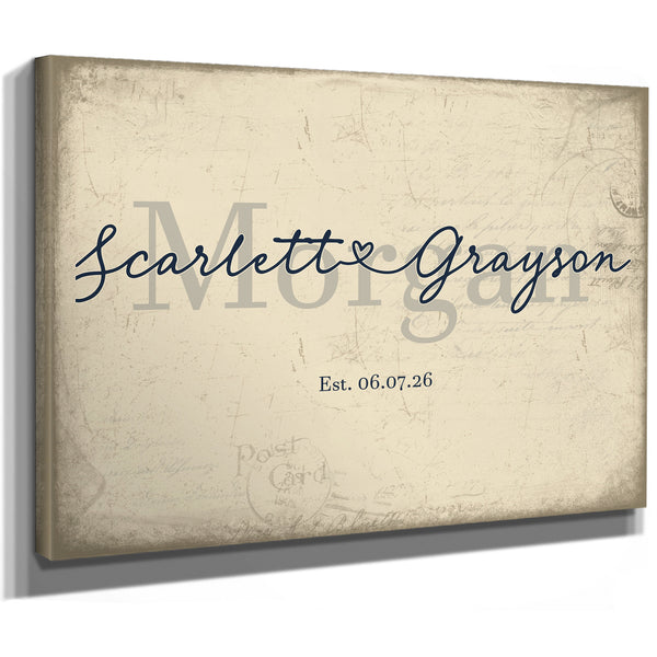 Personalized Wedding Sign, Last Name with Couple Names & Heart, Cream & Navy, image 8