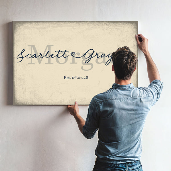 Personalized Wedding Sign, Last Name with Couple Names & Heart, Cream & Navy, image 9