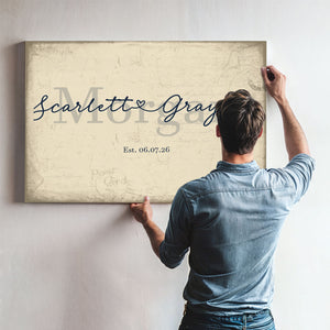 Personalized Wedding Sign, Last Name with Couple Names & Heart, Cream & Navy, image 9