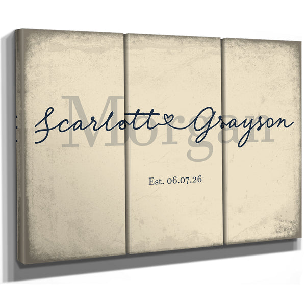 Personalized Wedding Sign, Last Name with Couple Names & Heart, Cream & Navy, image 14