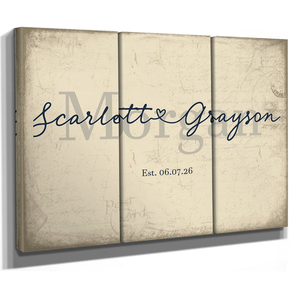 Personalized Wedding Sign, Last Name with Couple Names & Heart, Cream & Navy, image 14