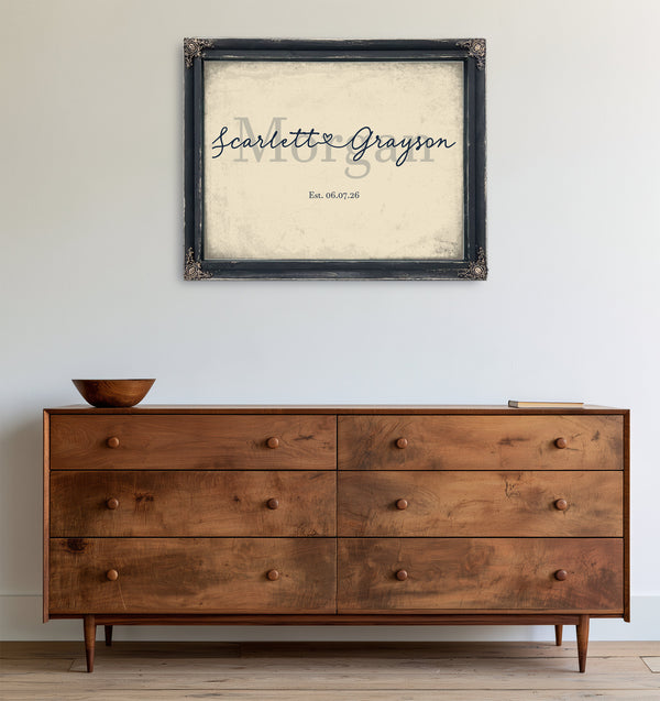 Personalized Wedding Sign, Last Name with Couple Names & Heart, Cream & Navy, image 19