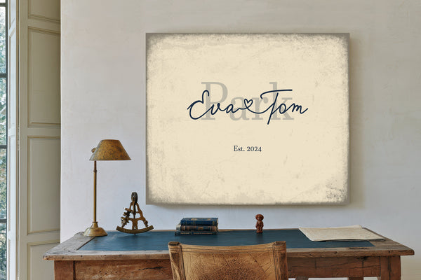 Custom Last Name Sign for Couples, Est. Wedding Date, Cream & Navy, image 2
