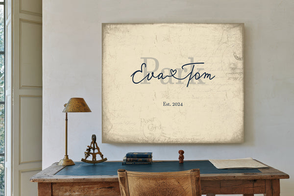 Custom Last Name Sign for Couples, Est. Wedding Date, Cream & Navy, image 2