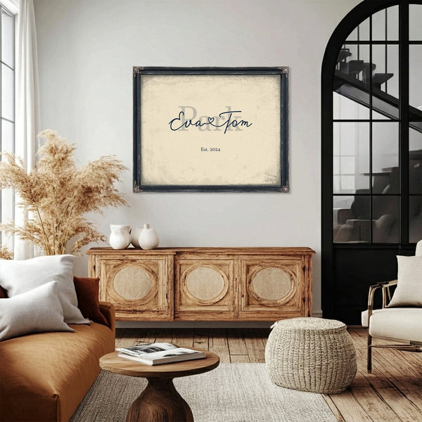 Custom Last Name Sign for Couples, Est. Wedding Date, Cream & Navy, image 4