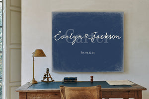 Personalized Wedding Sign, Last Name with Couple Names & Heart, Denim Americana, image 2