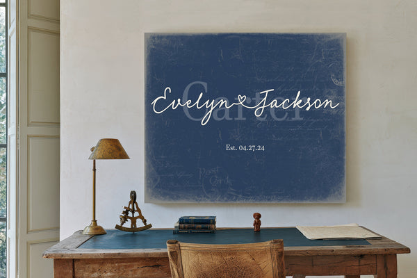 Personalized Wedding Sign, Last Name with Couple Names & Heart, Denim Americana, image 2