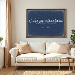 Personalized Wedding Sign, Last Name with Couple Names & Heart, Denim Americana, image 5